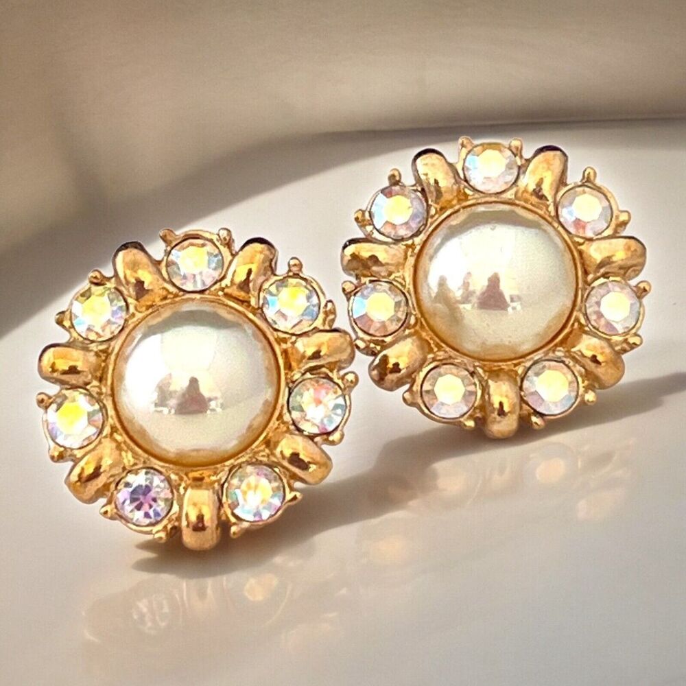 Vintage 1980s Roman Faux Pearl AB Crystal Earrings Gold Tone Pierced - 6Q